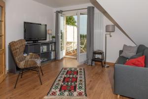 Μια τηλεόραση ή/και κέντρο ψυχαγωγίας στο Ferienhaus Hideaway Haus - Terrasse, Garten, strandnah