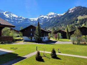 a yard with houses and mountains in the background at Apartment Reseda by Interhome in Lenk