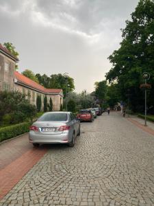 a cobblestone street with cars parked on it at Szczawno in Szczawno-Zdrój