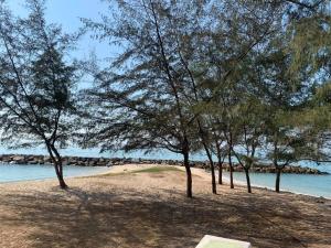 un grupo de árboles en una playa cerca del agua en Ban Rub Lom Pool Villa, en Rayong