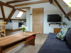 ein Wohnzimmer mit einem Sofa und einem TV in der Unterkunft Apartment Storchennest by Interhome in Meißenheim