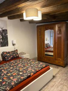 a bedroom with a bed with a cabinet and a mirror at Schöne Ferienwohnung Gewölbekeller Fachwerkhaus in Bacharach