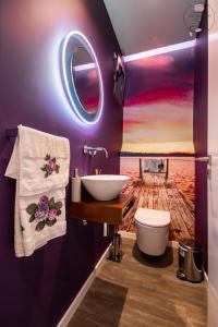 W łazience znajduje się toaleta, umywalka i lustro. w obiekcie La Chambre Rose w mieście Ponta do Sol