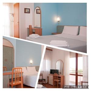 duas fotografias de um quarto de hotel com uma cama e uma secretária em Hotel Rugantino em Cesenatico