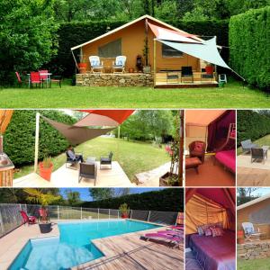 een collage van foto's van een tent en een achtertuin bij Le Mas de l'Ibie Bleue in Lagorce