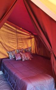 een bed in een tent met kussens erop bij Le Mas de l'Ibie Bleue in Lagorce