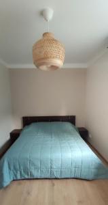 ein Schlafzimmer mit einem blauen Bett und einer Decke in der Unterkunft Laumžirgių upė - jaukus butas ramiam poilsiui Anykščiuose in Anykščiai