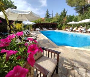 a swimming pool with pink flowers in front of a bench at Agrili Apartments & Rooms in Elia