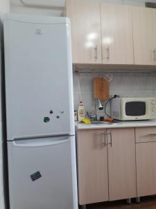 a kitchen with a white refrigerator and a microwave at Комфортная квартира для гостей города in Qyzylorda