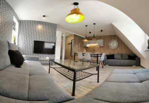 Televízia a/alebo spoločenská miestnosť v ubytovaní Apartamenty Majówka