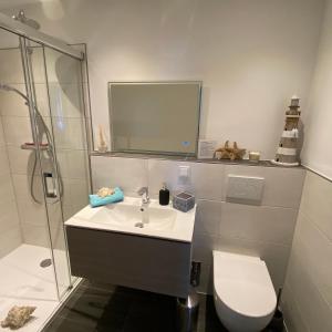 a bathroom with a sink and a shower and a toilet at Ferienwohnung Havenwelten in Bremerhaven