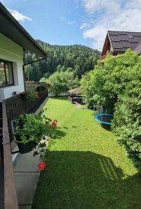 une cour avec de l'herbe verte et des fleurs et une maison dans l'établissement Pensiunea Raisa, à Buşteni