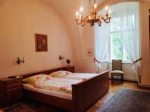 Schlafzimmer mit einem Bett und einem Kronleuchter in der Unterkunft Ferienwohnung Schloss Schrattenthal in Schrattenthal