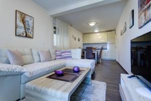 a living room with a couch and a coffee table at Apartments Horizont in Budva