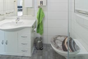 a bathroom with a toilet and a sink and a mirror at Deichgraf in Dornumersiel +20 photos