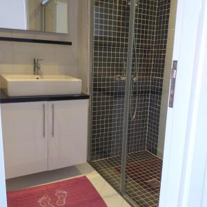 シダにあるLuxe Residence penthouse met dakterrasのバスルーム(ガラス張りのシャワー、シンク付)