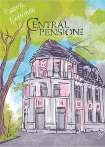 a drawing of a pink building with a tree at Central Pension in Duisburg