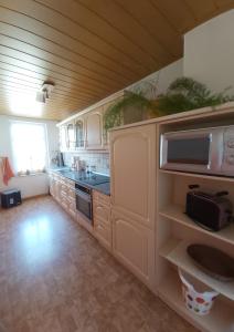 a kitchen with a sink and a microwave at Cosis Ferienwohnung in Hohnstein