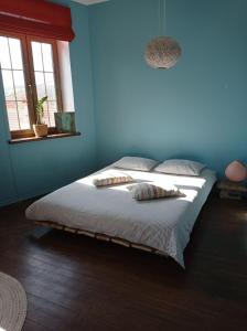 een blauwe slaapkamer met een bed met kussens erop bij Sunrise Apartment in Kamjanets-Podilsky