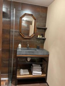 een badkamer met een wastafel en een spiegel bij Annet's Studio in Zandvoort