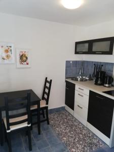 een kleine keuken met een tafel en een wastafel bij Ferienhaus Bozena Appartment 1 in Vrsar