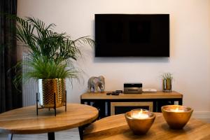 salon z dwoma stołami i telewizorem w obiekcie APARTAMENT BIESZCZADY w mieście Ustrzyki Dolne