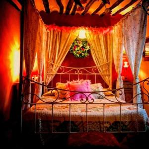 a bedroom with a bed with a canopy and curtains at La Quinta de Malu in Valeria