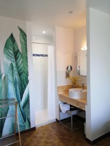 a bathroom with a sink and a shower at ALABRENA in Féneyrols