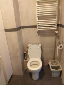 a small bathroom with a toilet and a trash can at Apartament RUCZAJ in Lublin