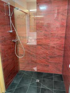 um banheiro com chuveiro e porta de vidro em Hotel Restaurant Gasthof Michal em Gundersheim