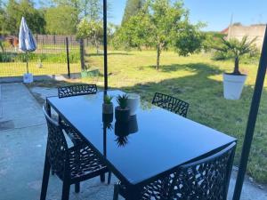 un tavolo blu con sedie e piante sopra di Cottage l'Echappée Belle a Saint-Amand-les-Eaux