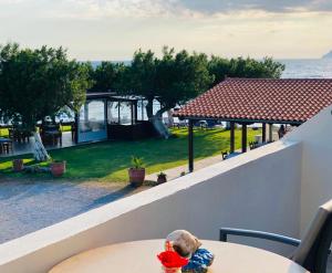 a doll sitting on a table looking out at the ocean at Flisvos Rooms in Frangokastello