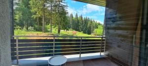 a balcony with a view of a forest at Fabulous Views Silver Mountain 3 Rooms Apartment in Poiana Brasov