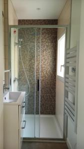 La salle de bains est pourvue d'une douche et d'un lavabo. dans l'établissement HISTOIRE DE LOIRE - La Maison, à Saumur