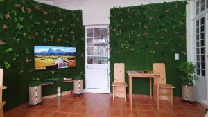 a living room with a green wall with flowers at BRUMA HOSTEL in Ponta Delgada