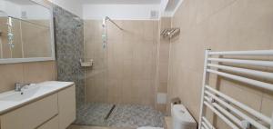y baño con ducha, aseo y lavamanos. en Old Town Residence en Constanza