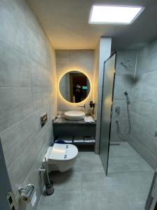 SarıkamısにあるSarıkamış Aras Otelのバスルーム(洗面台、トイレ、鏡付)
