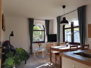 Ferienwohnung Wegespinne في Zwota: مطبخ وغرفة معيشة مع طاولة وغرفة طعام