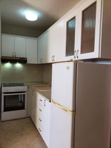 a kitchen with white cabinets and a white refrigerator at Vila Emilio in Udënisht