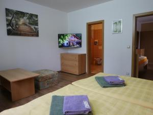 ハルラホフにあるPension Aspen Harrachovのベッドルーム1室(紫色のタオルが付いたベッド2台付)