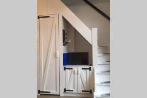 a sliding door with a tv in a room at Tiny House Holland in Oudesluis