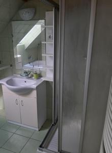 a bathroom with a sink and a shower with a mirror at Aleksa apartman in Lesencetomaj +16 photos