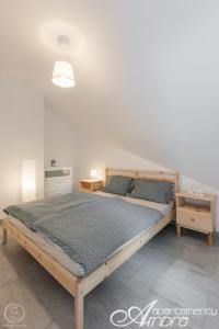 1 dormitorio con cama de madera en una habitación en Apartamenty Ambra, en Dębina