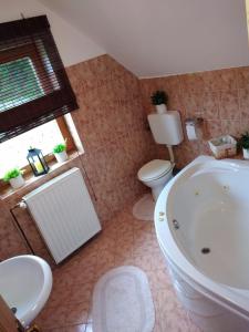 a bathroom with a tub and a toilet and a sink at Logarska koča in Fokovci