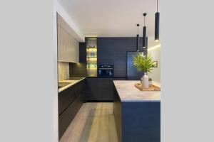 una cocina con armarios negros y una isla con una maceta. en PRECIOSO APARTAMENTO A ESTRENAR EN CENTRO DE NERJA, en Nerja 4 fotos más