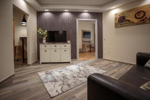 a living room with a couch and a television at Mokka Apartments in Miskolc