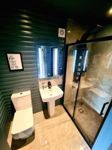 uma casa de banho com um WC, um lavatório e um chuveiro em Yaseva Lodge, Stylish Country Retreat for 2, Hot Tub, Exceptional Views! em Carr