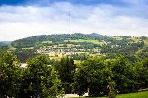 a town on top of a hill with trees at Apartment,private parking, balcony, smart check in in Banská Bystrica