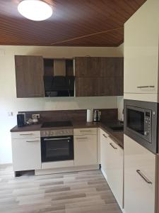 a kitchen with white appliances and wooden cabinets at Haus Jennifer in Hart bei Graz