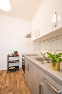 eine Küche mit einer Spüle und einer Arbeitsplatte in der Unterkunft Blue Chili 18 Zentrales CITY-Apartment am Hasselbachplatz, 4 Personen in Magdeburg